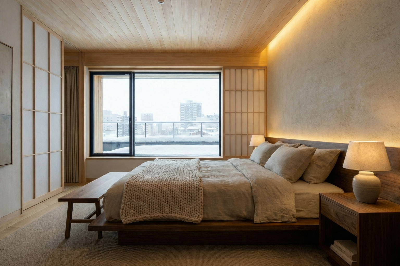 和モダンの寝室 — 素材感のある空間